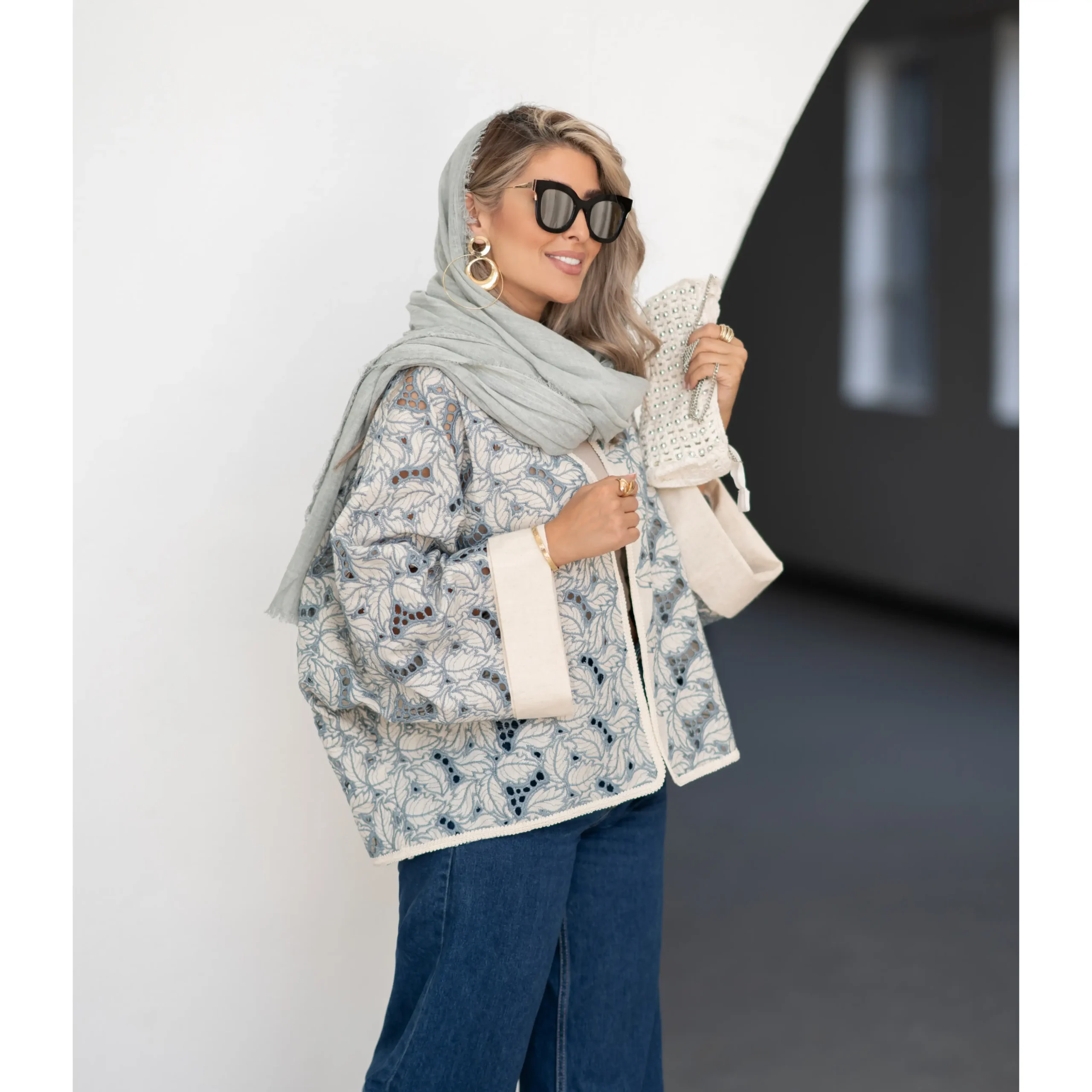 کت لینن قلاب بافی آبی - Image 2