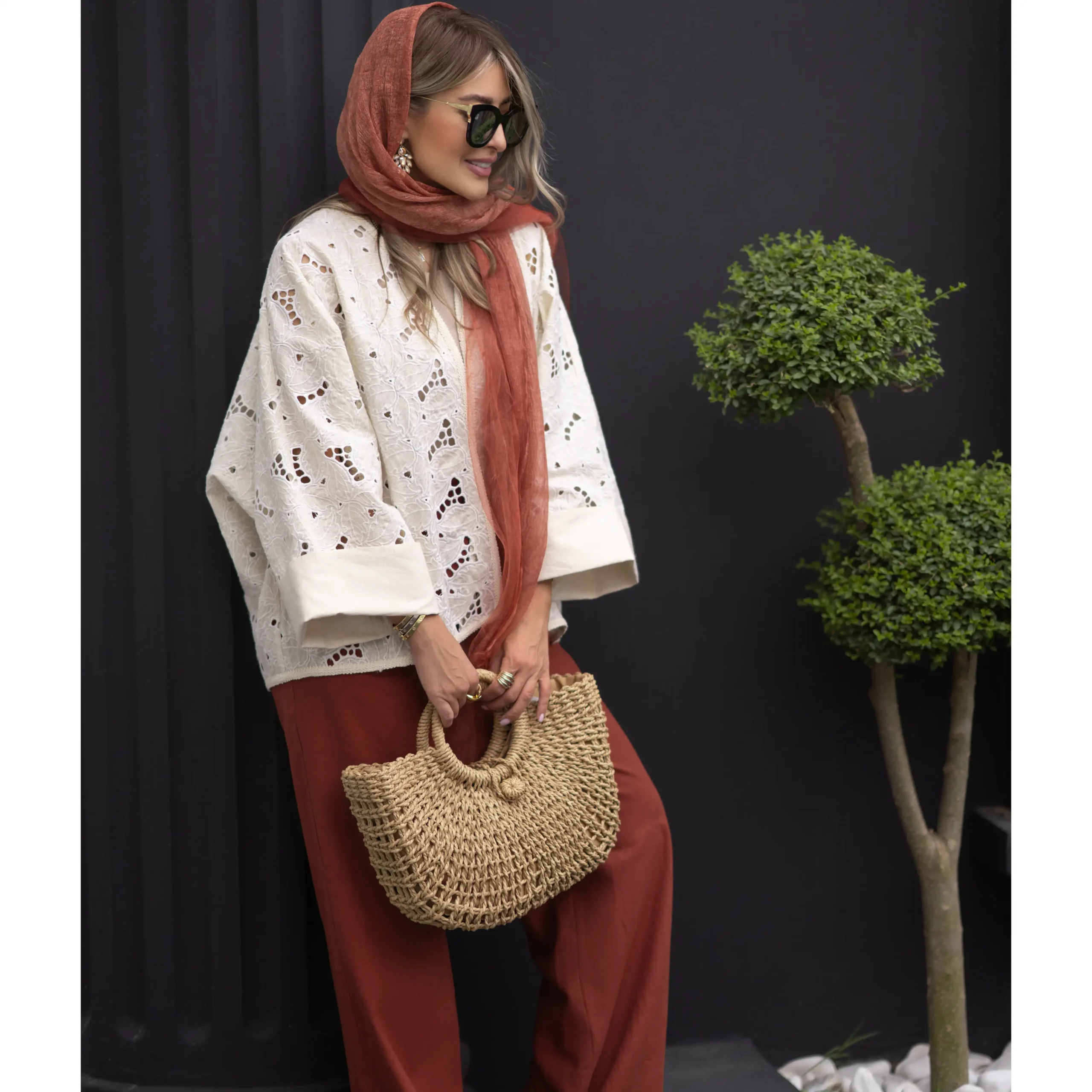 کت لینن قلاب بافی کرم - Image 3